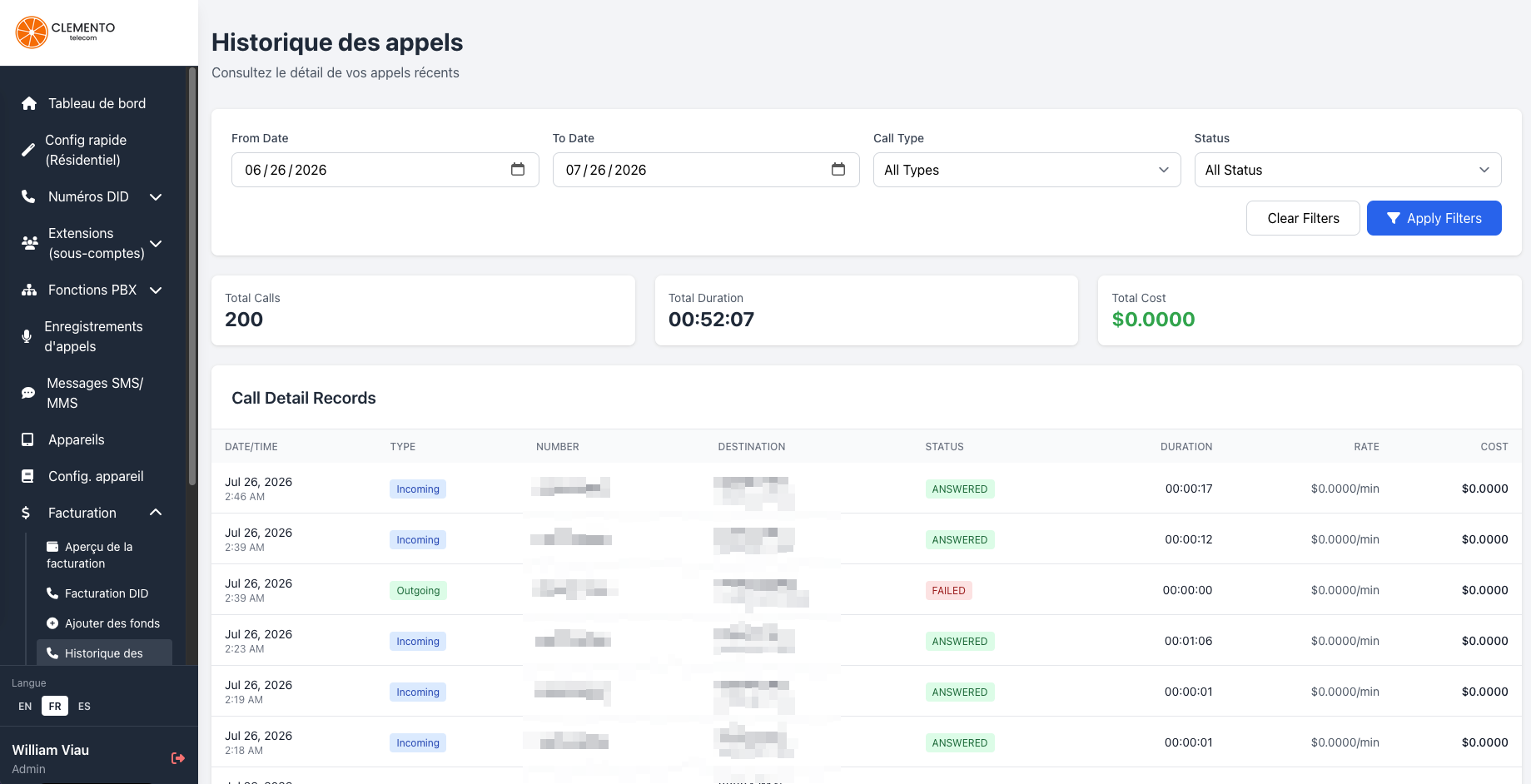 Historique des appels dans le portail client