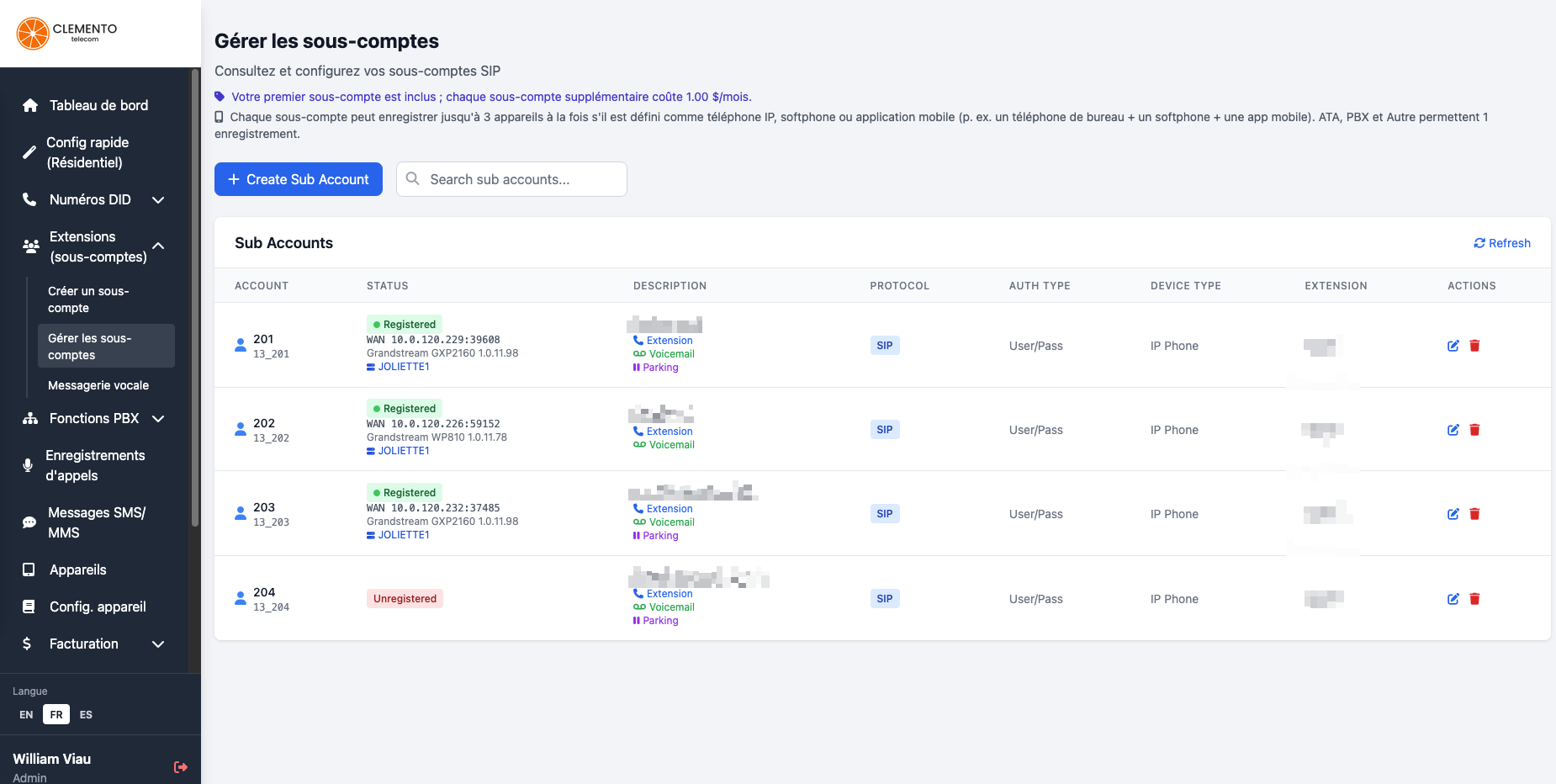 Gestion des extensions et sous-comptes SIP dans le portail