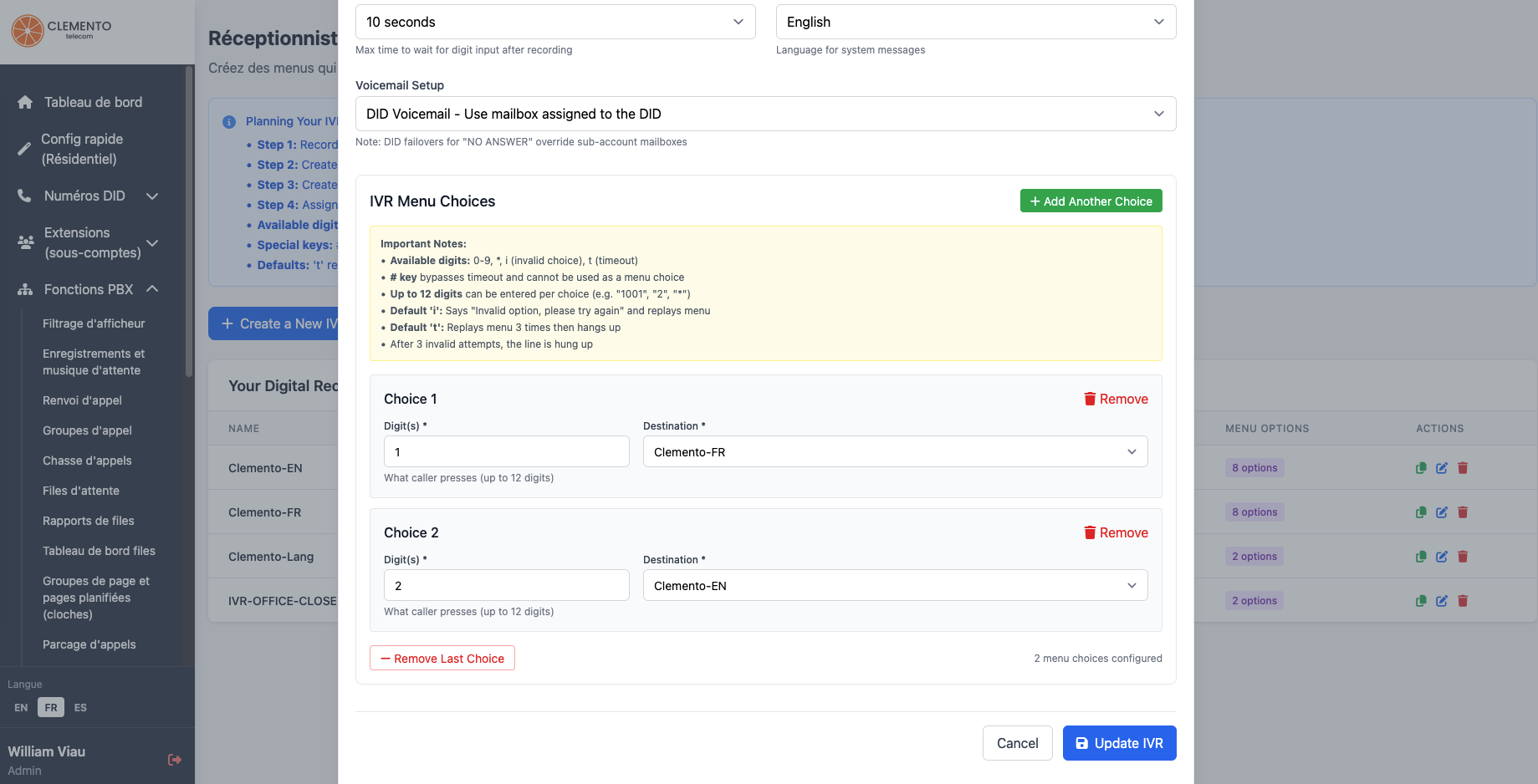 Configuration du réceptionniste numérique (SVI / IVR) dans le portail
