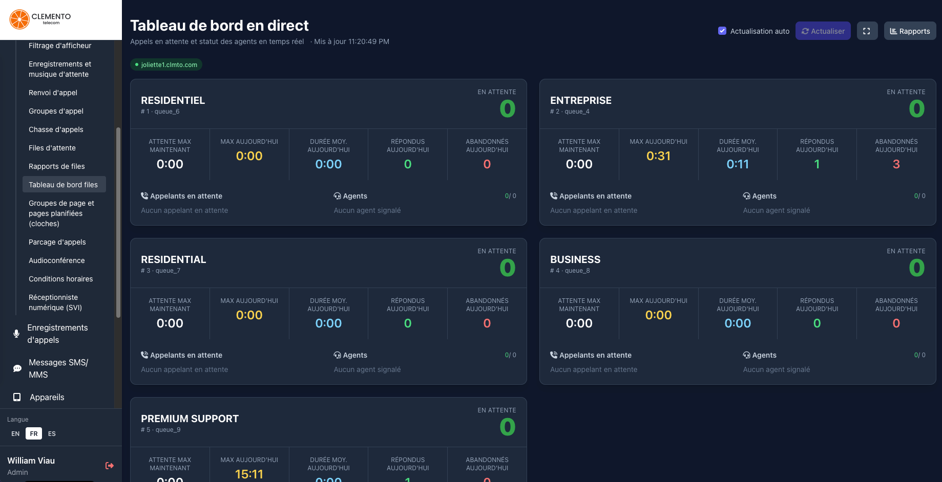 Wallboard des files d’attente en direct dans le portail — appelants en attente et statut des agents