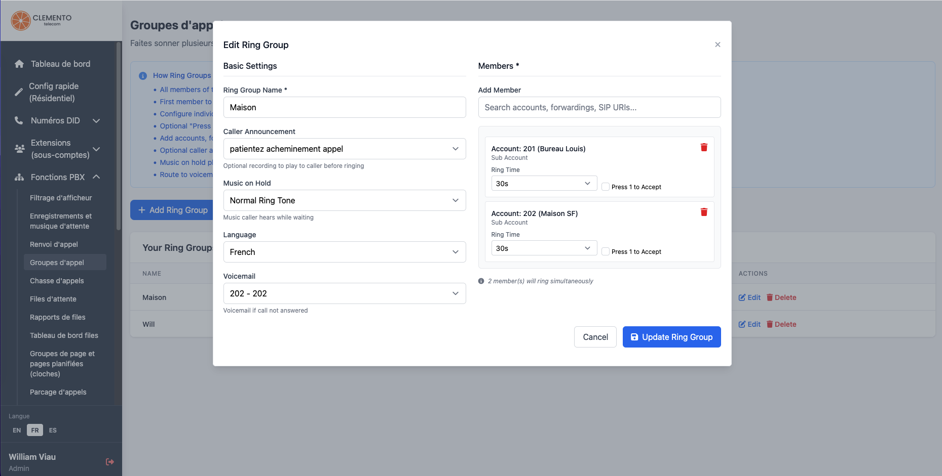 Configuration d’un groupe d’appel (ring group) dans le portail