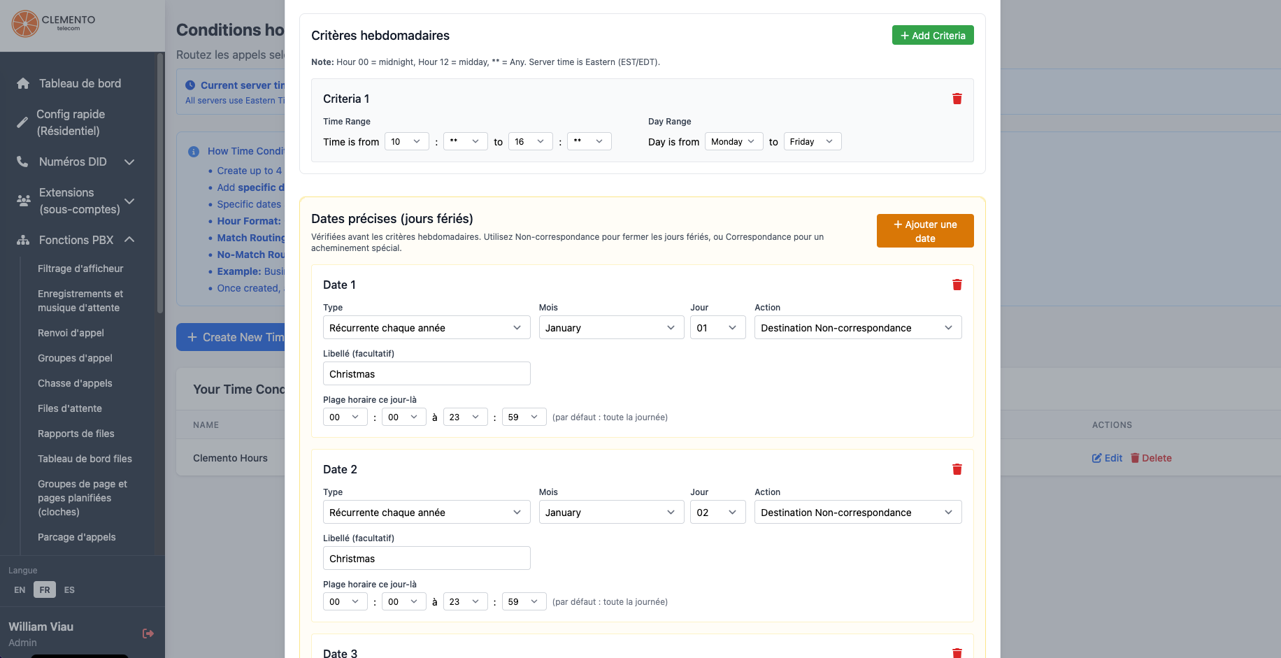 Configuration des conditions horaires dans le portail — critères hebdomadaires et jours fériés